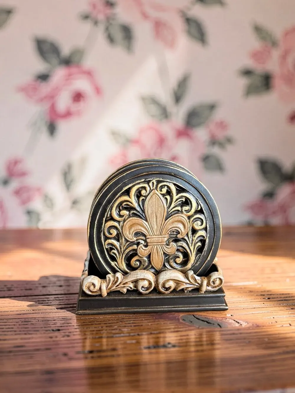 Fleur de Lis Coasters Set of 4 with Ornate Holder Black Gold French Decor